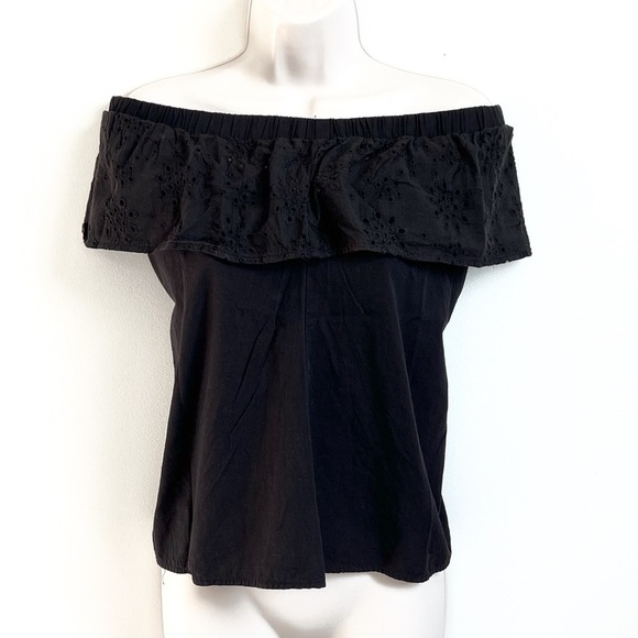 Oakridge Off Shoulder Cotton Eyelet Ruffle Black Pullover Blouse Top Small - Picture 1 of 9
